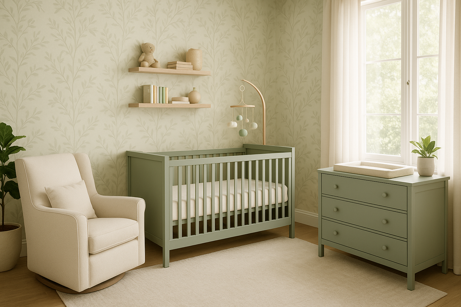 Beautiful modern nursery room with wallpaper on the walls.