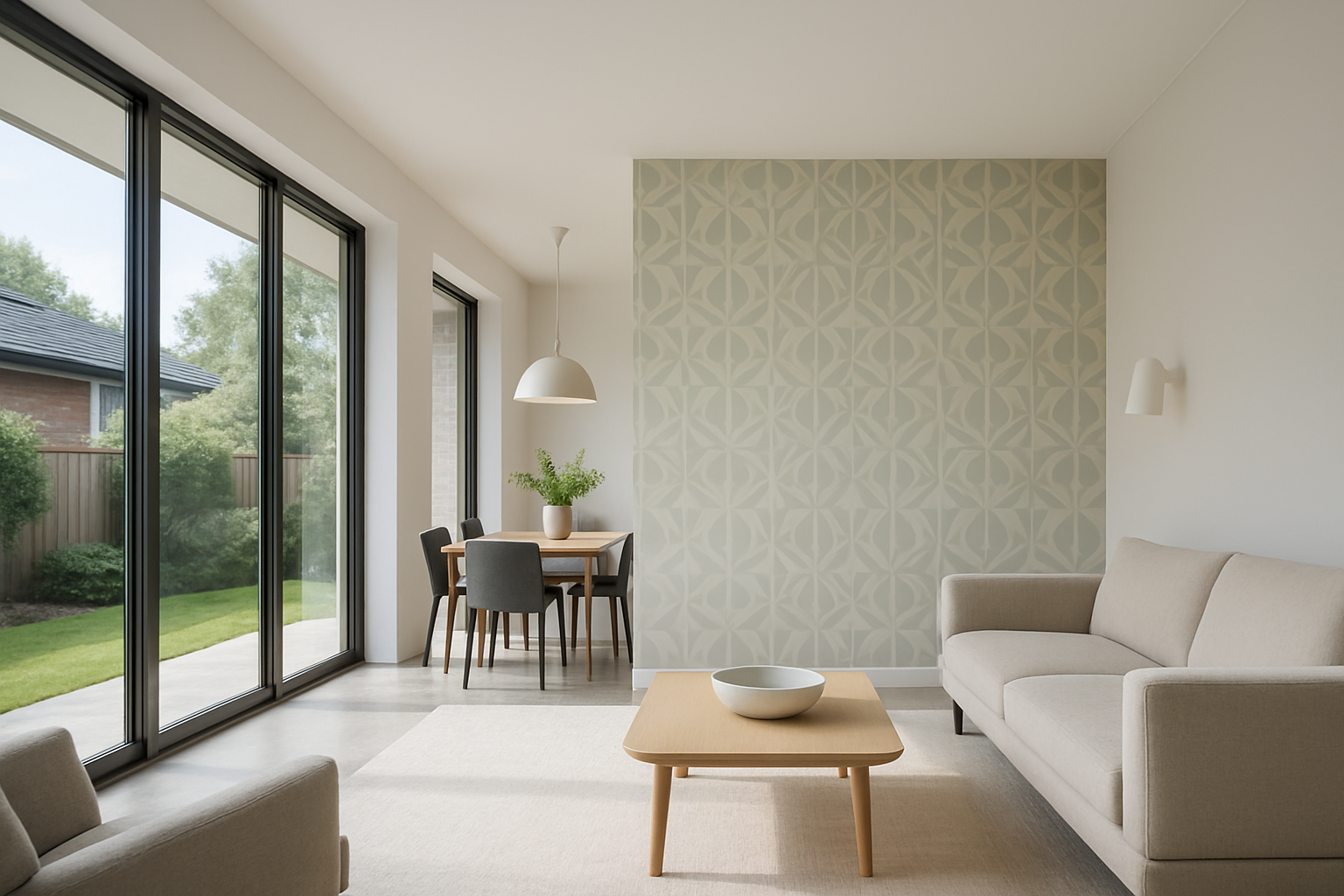 This is a suburban house with a very modern feel. One of the walls has a beautiful wallpaper.